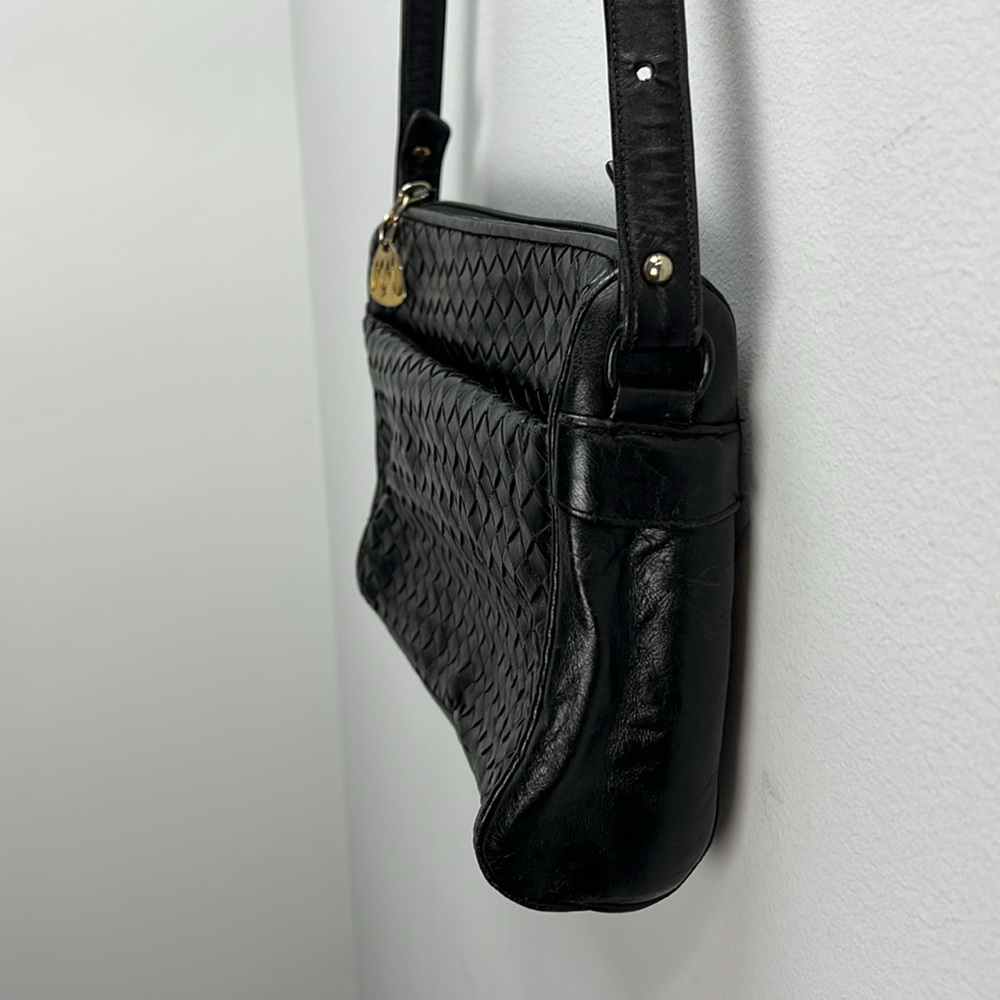 Vintage Morris Moskowitz Black Woven Leather Purse Crossbody Shoulder Bag Chic - Picture 5 of 10
